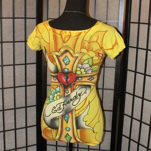 Women's Graphic T-Shirt - Vtg Ed Hardy by Christian Audigier Tattoo Yellow Tee